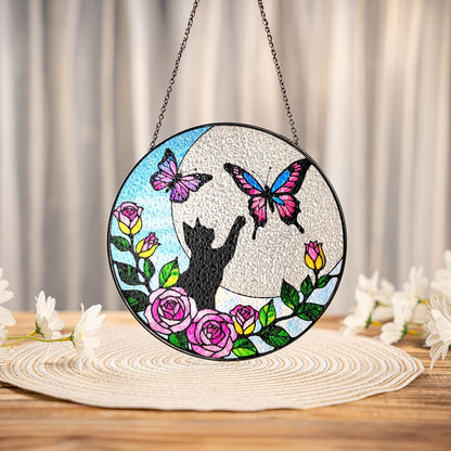 Black Cat Flower Butterfly Suncatcher,Pet Memorial Stained Glass Suncatcher,Loss Of Pet Sympathy,Windows Hangings,Home Decor For Cat Lovers,