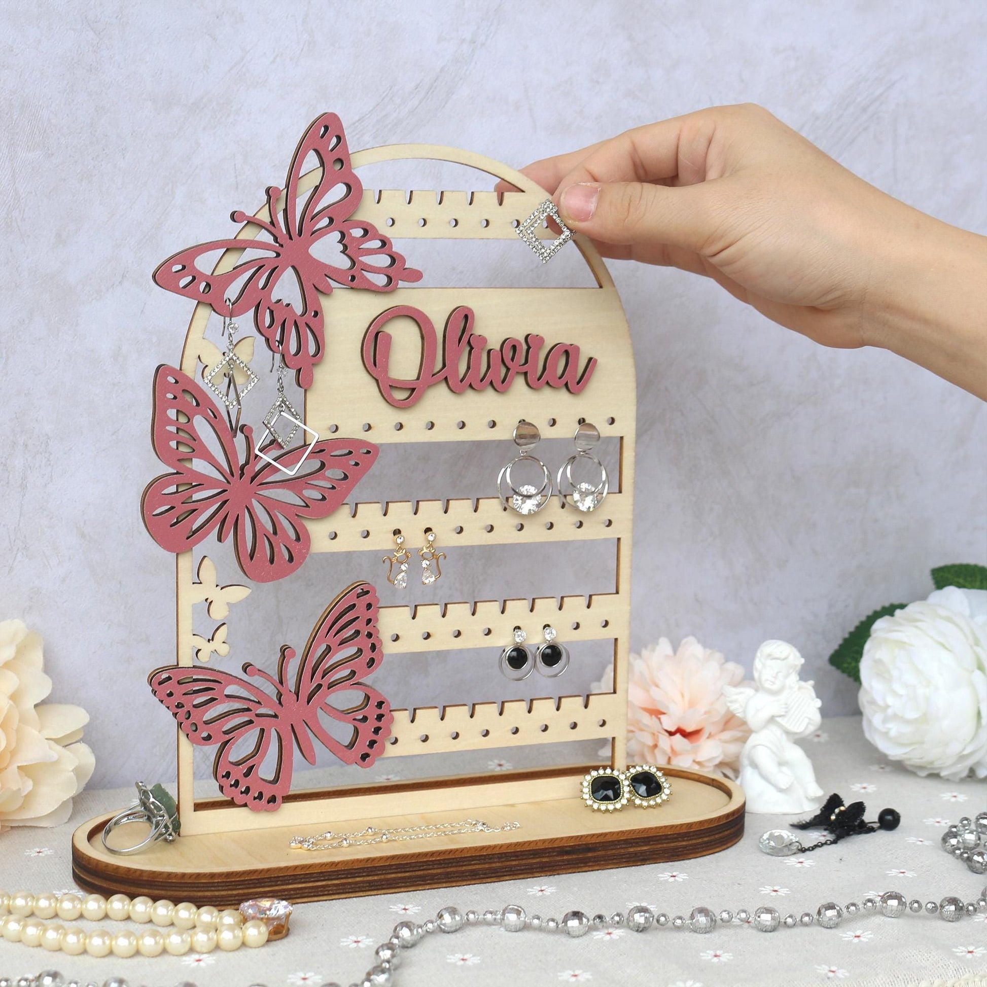 Personalized Wood Jewelry Organizer, Earring Holder, Wooden Jewelry Storage, Jewelry Stand, Birthday Gift for Her, Mothers Day Gifts