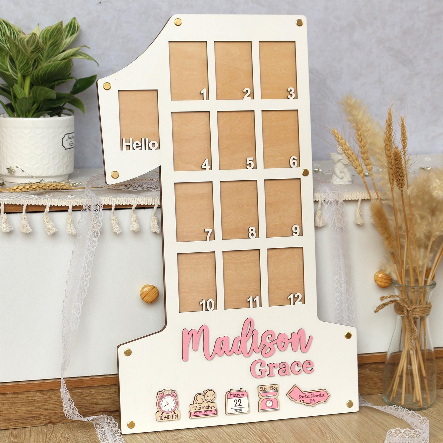 Baby Birth through One Year Monthly Picture Frame Wall Art, Personalized Wooden Photo Frame for Baby, 1st Birthday Decorations, Baby Gift