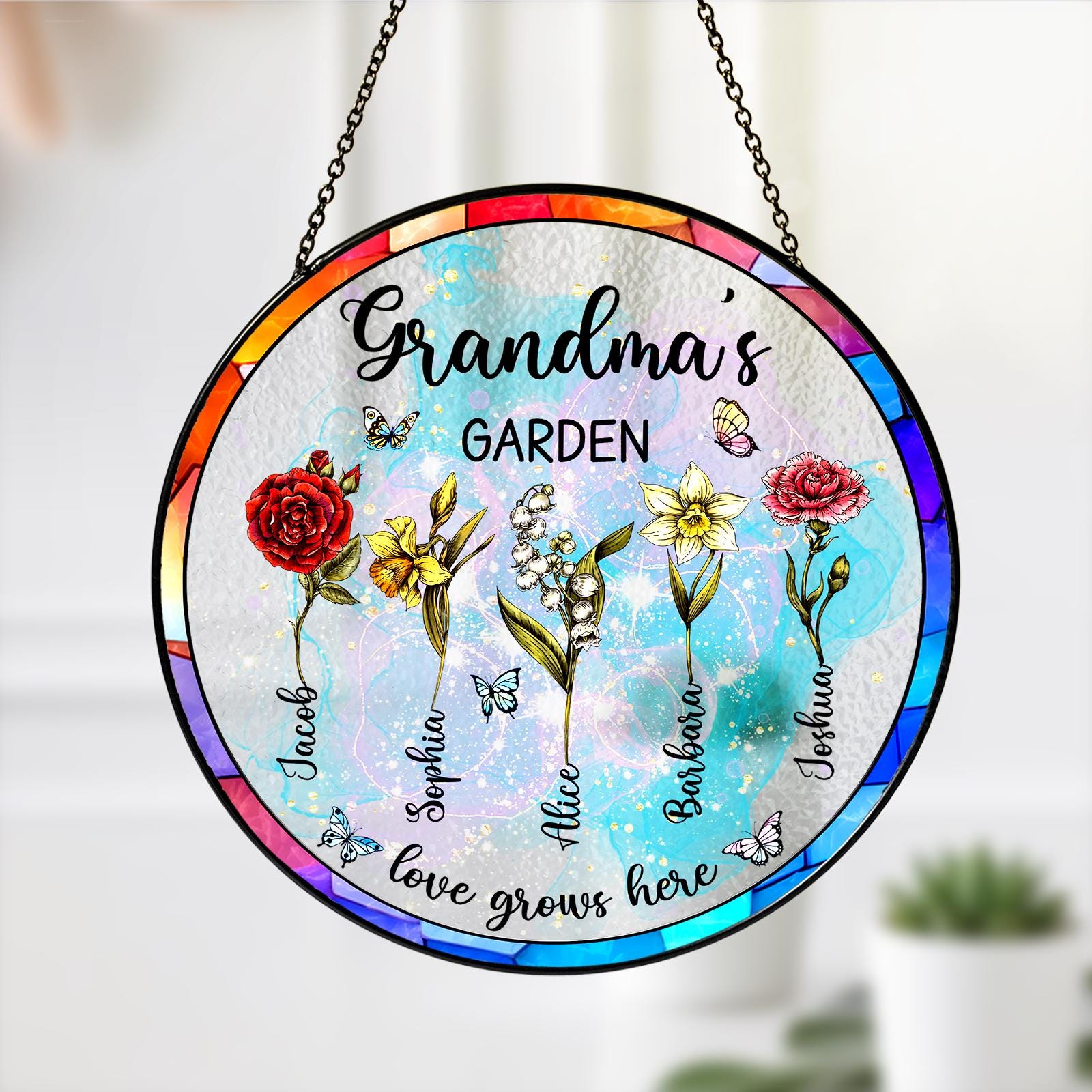 Custom Family Birth Flowers Stained Glass Suncatcher,Grandma Gift,Grandma's Garden,Mothers Day Gift For Mom,Flowers Glass Art,Window Hanging
