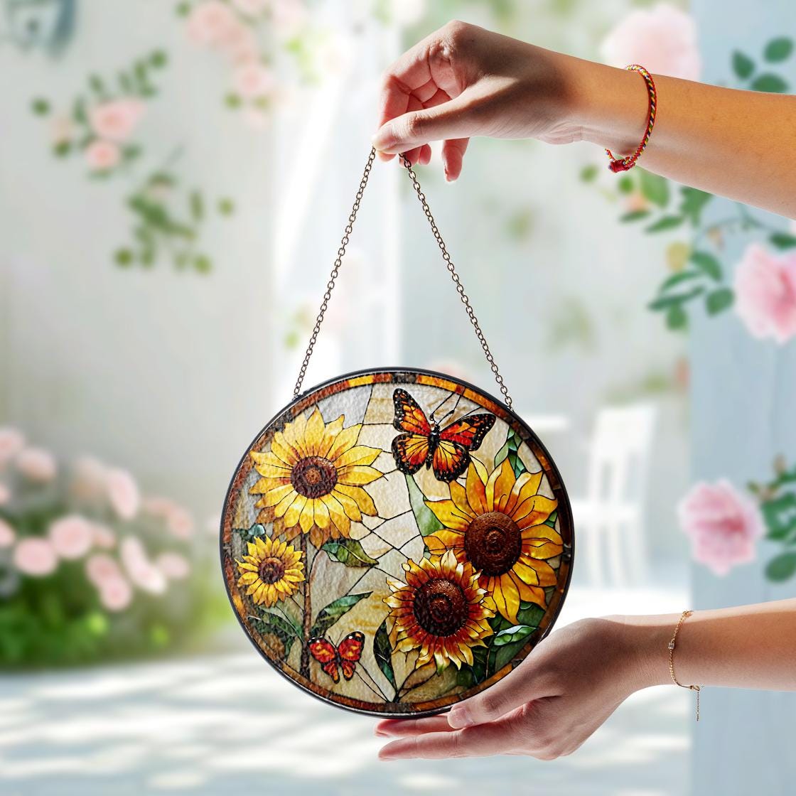 Monarch Butterfly Stained Glass Suncatcher Home Decor,Flowers Stained Glass Window Hanging,Butterfly Decor,Mother's Day Gift,Garden Lovers