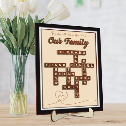 Grandma Gift,Personalised Family Scrabble Scrabble Frame"Family Is The Heart Of A Home",Grandkid Crossword Scrabble Wooden Sign,Gift For Mom