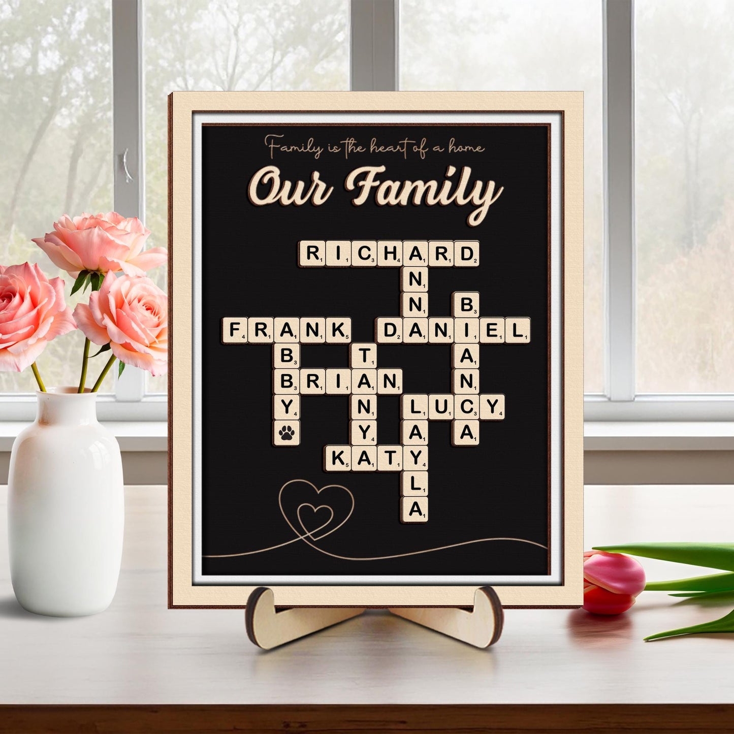 Grandma Gift,Personalised Family Scrabble Scrabble Frame"Family Is The Heart Of A Home",Grandkid Crossword Scrabble Wooden Sign,Gift For Mom