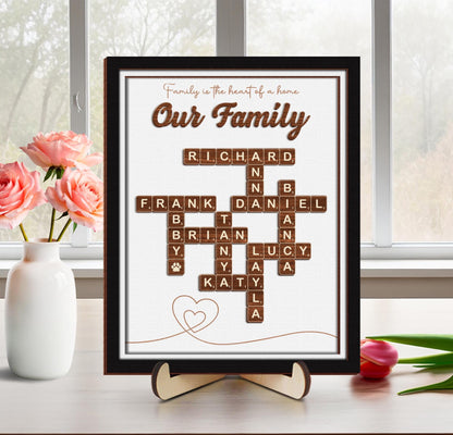 Grandma Gift,Personalised Family Scrabble Scrabble Frame"Family Is The Heart Of A Home",Grandkid Crossword Scrabble Wooden Sign,Gift For Mom