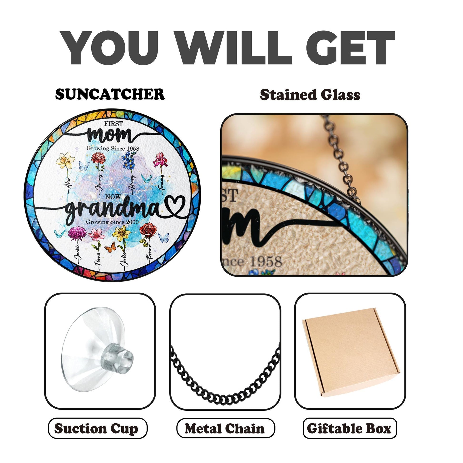 First Mom Now Grandma Stained Glass Suncather Personalized Birth Month Flower Window Hanging,Mother Day Gift,Gift for Mom,Grandma Home Decor