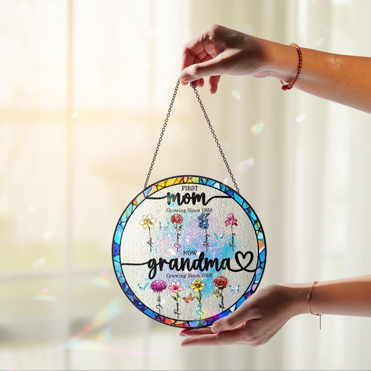 First Mom Now Grandma Stained Glass Suncather Personalized Birth Month Flower Window Hanging,Mother Day Gift,Gift for Mom,Grandma Home Decor