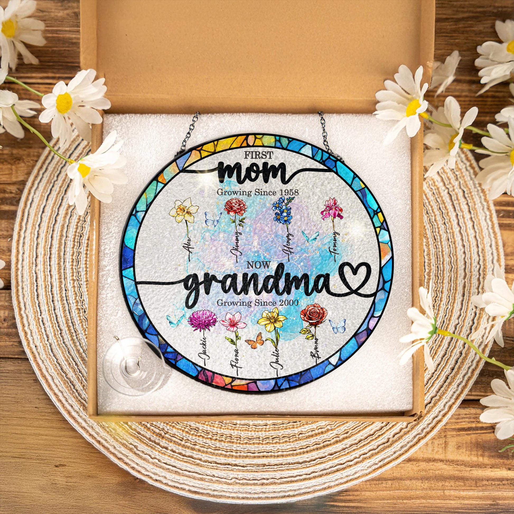 First Mom Now Grandma Stained Glass Suncather Personalized Birth Month Flower Window Hanging,Mother Day Gift,Gift for Mom,Grandma Home Decor