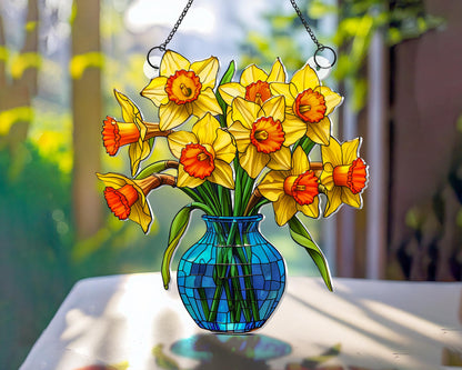 Everlasting Daffodils in Vase Stained Glass Suncatcher, Flowers Acrylic Window Hanging Art Decoration, Mothers day Gift for Mom, Nana Gift