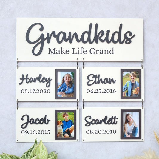 Grandchildren Sign with Photo Frame, Wooden Family Name Plaque, Grandkids Sign, Gift For Grandparent, Gift For Mom, Grandparents Plaque