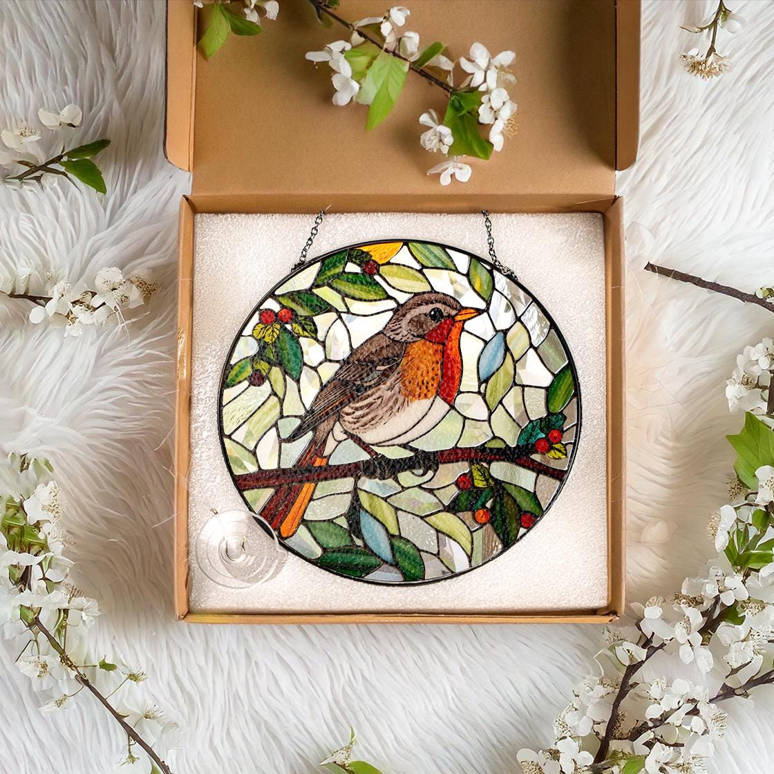 Robin Bird Stained Glass Suncatcher Decor Home,Bird Flower Natural Art,Bird Lovers Gift,Nature Inspired Gift,Anniversary Gift,Gift For Mom.