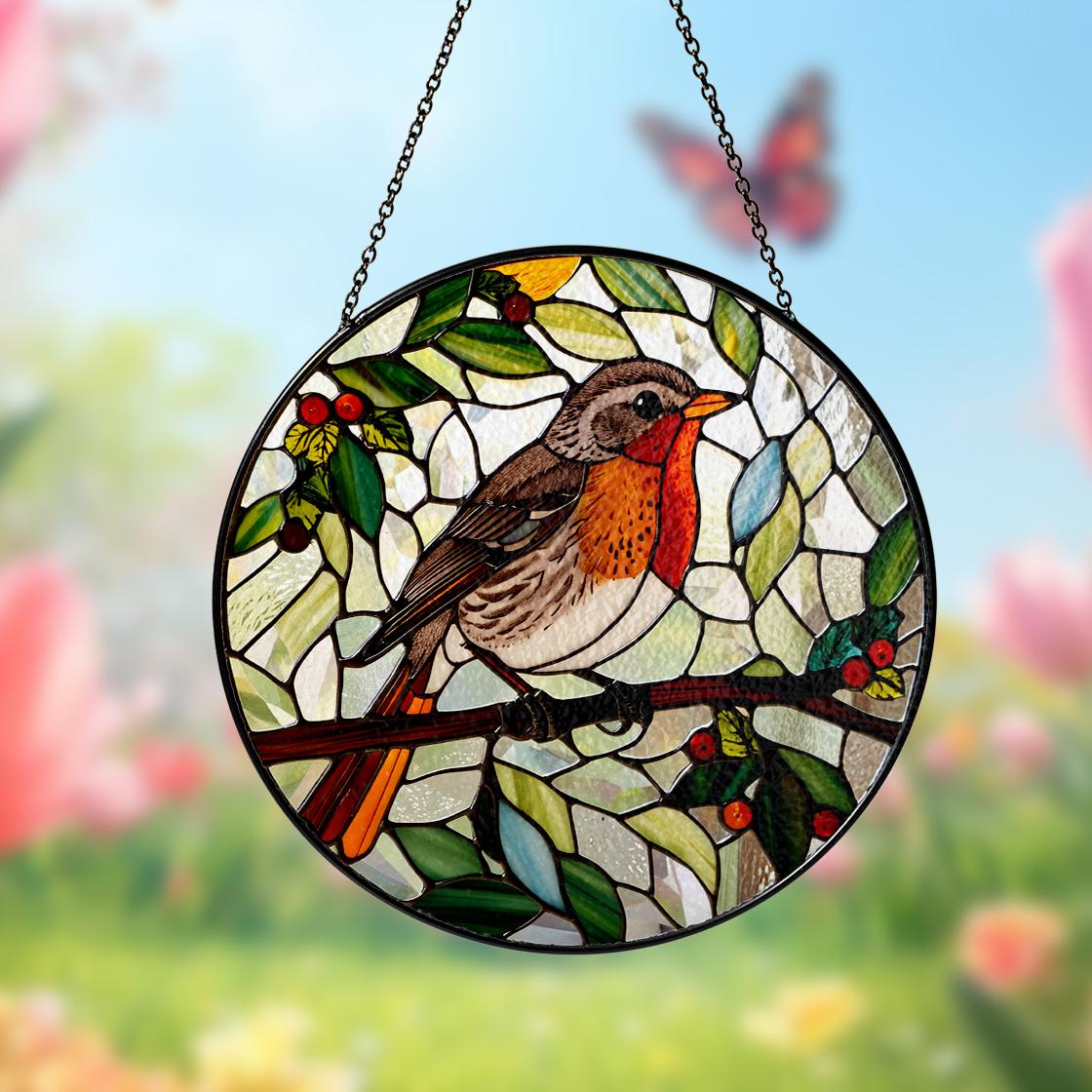 Robin Bird Stained Glass Suncatcher Decor Home,Bird Flower Natural Art,Bird Lovers Gift,Nature Inspired Gift,Anniversary Gift,Gift For Mom.