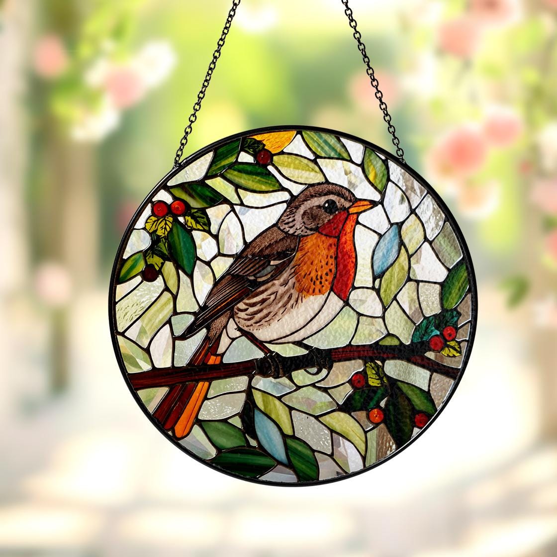 Robin Bird Stained Glass Suncatcher Decor Home,Bird Flower Natural Art,Bird Lovers Gift,Nature Inspired Gift,Anniversary Gift,Gift For Mom.