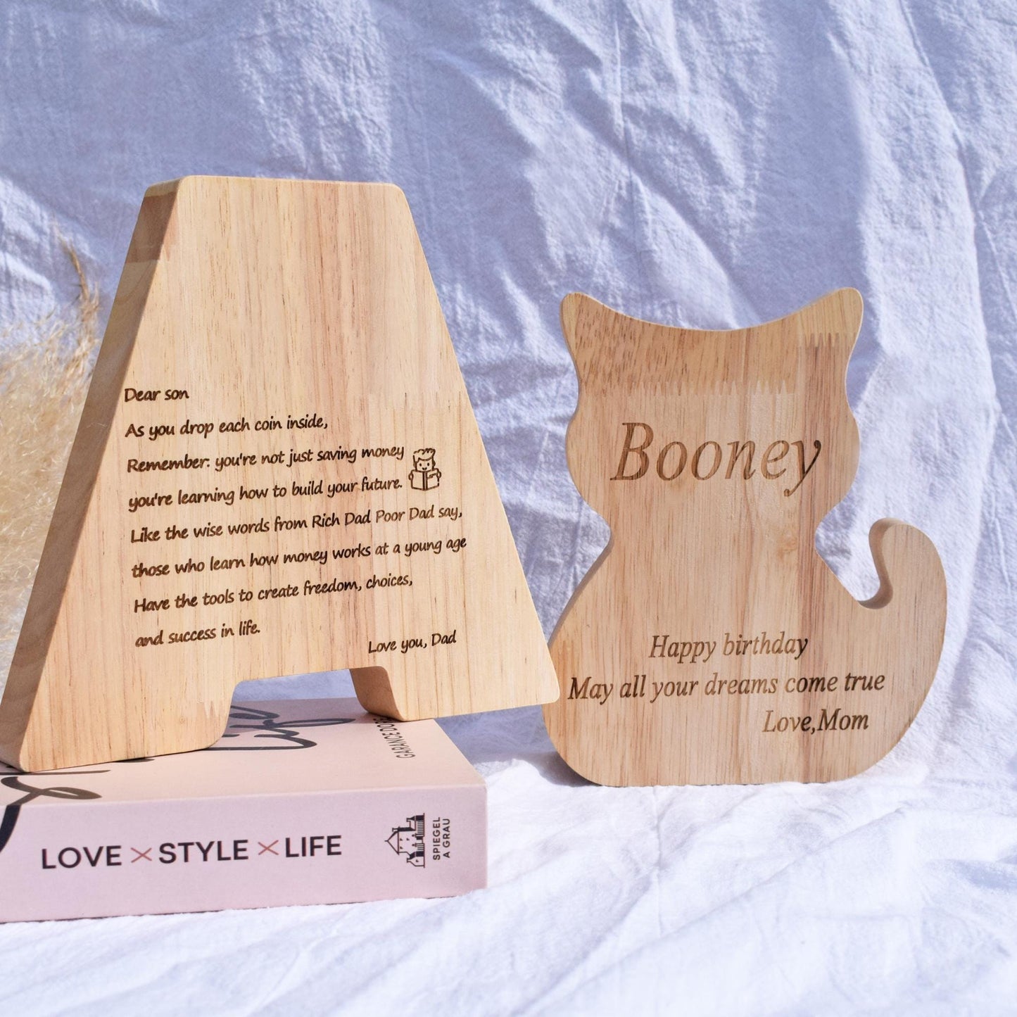 Wooden letter piggy bank with engraved quotes - teaches kids to save money and builds early financial habits,birthday gift for children