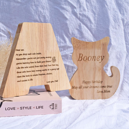 Wooden letter piggy bank with engraved quotes - teaches kids to save money and builds early financial habits,birthday gift for children