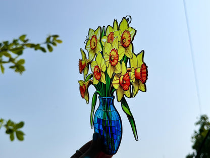 Everlasting Daffodils in Vase Stained Glass Suncatcher, Flowers Acrylic Window Hanging Art Decoration, Mothers day Gift for Mom, Nana Gift