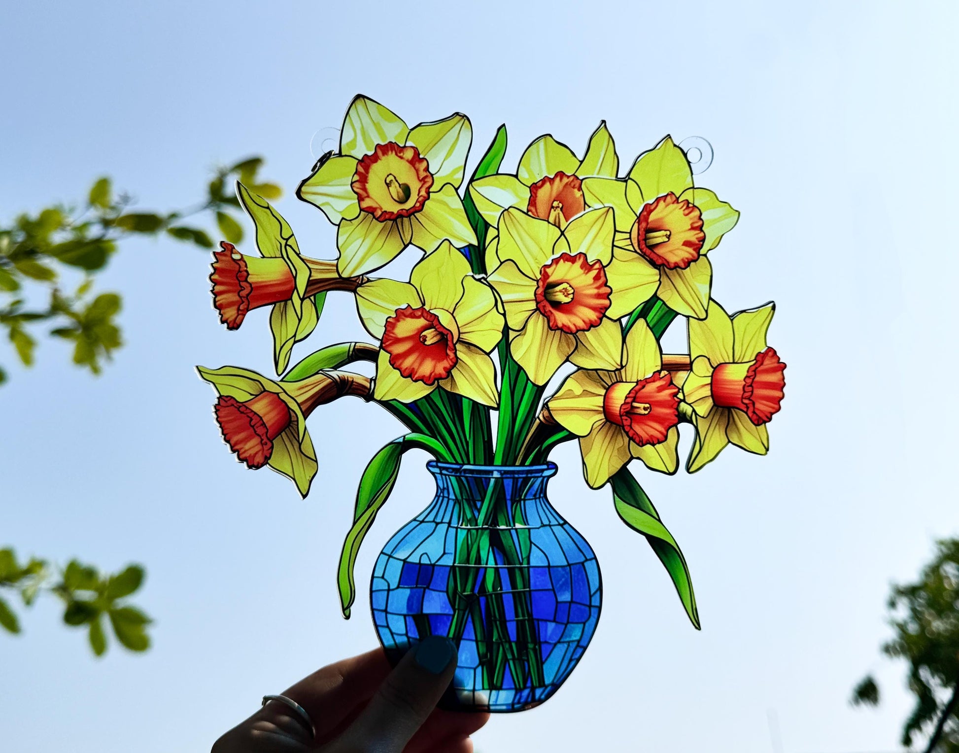 Everlasting Daffodils in Vase Stained Glass Suncatcher, Flowers Acrylic Window Hanging Art Decoration, Mothers day Gift for Mom, Nana Gift