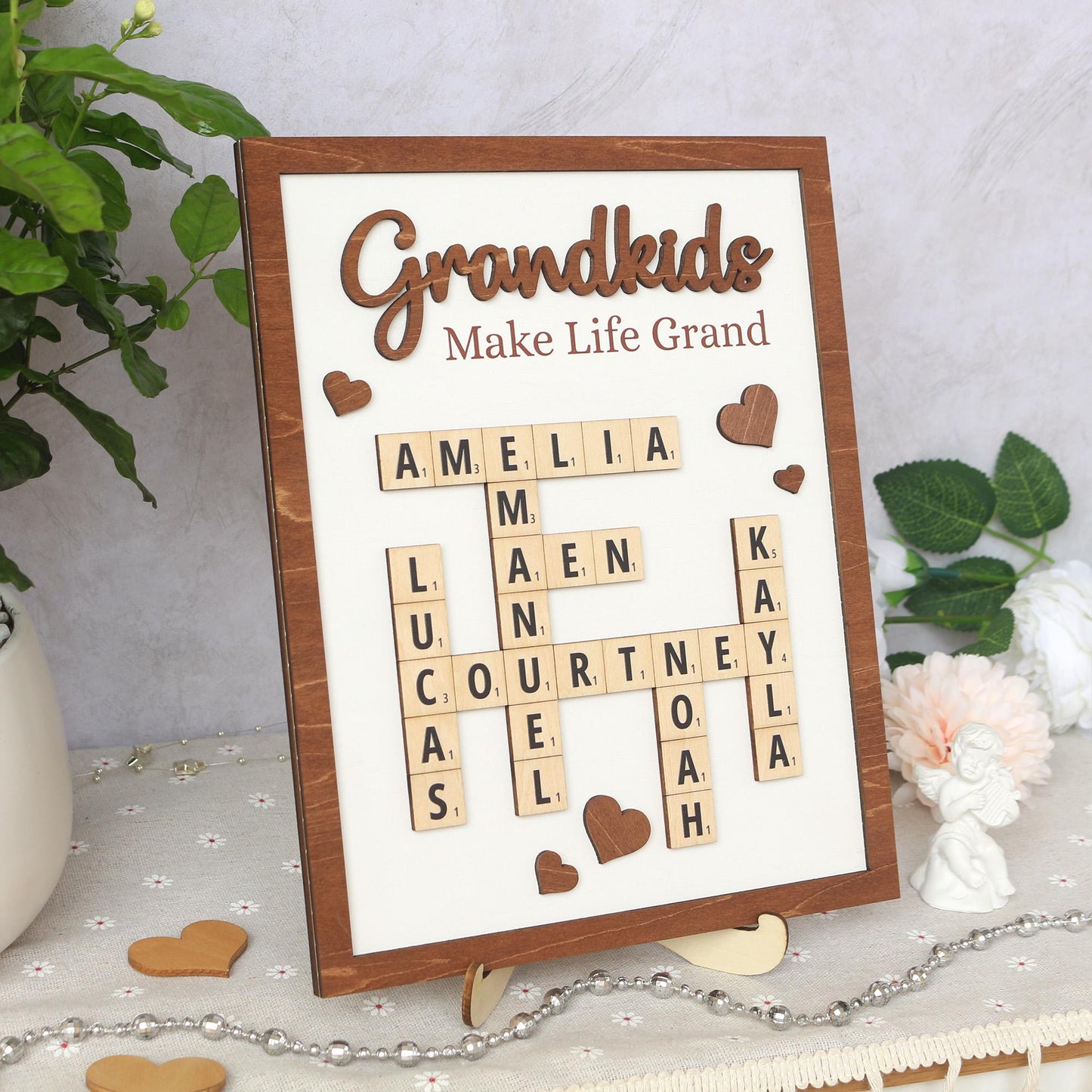 Personalized Scrabble Puzzle Sign, Grandkids Crossword Scrabble Wooden Sign, Custom Family Name, Grandparents Christmas Gift, Home decor