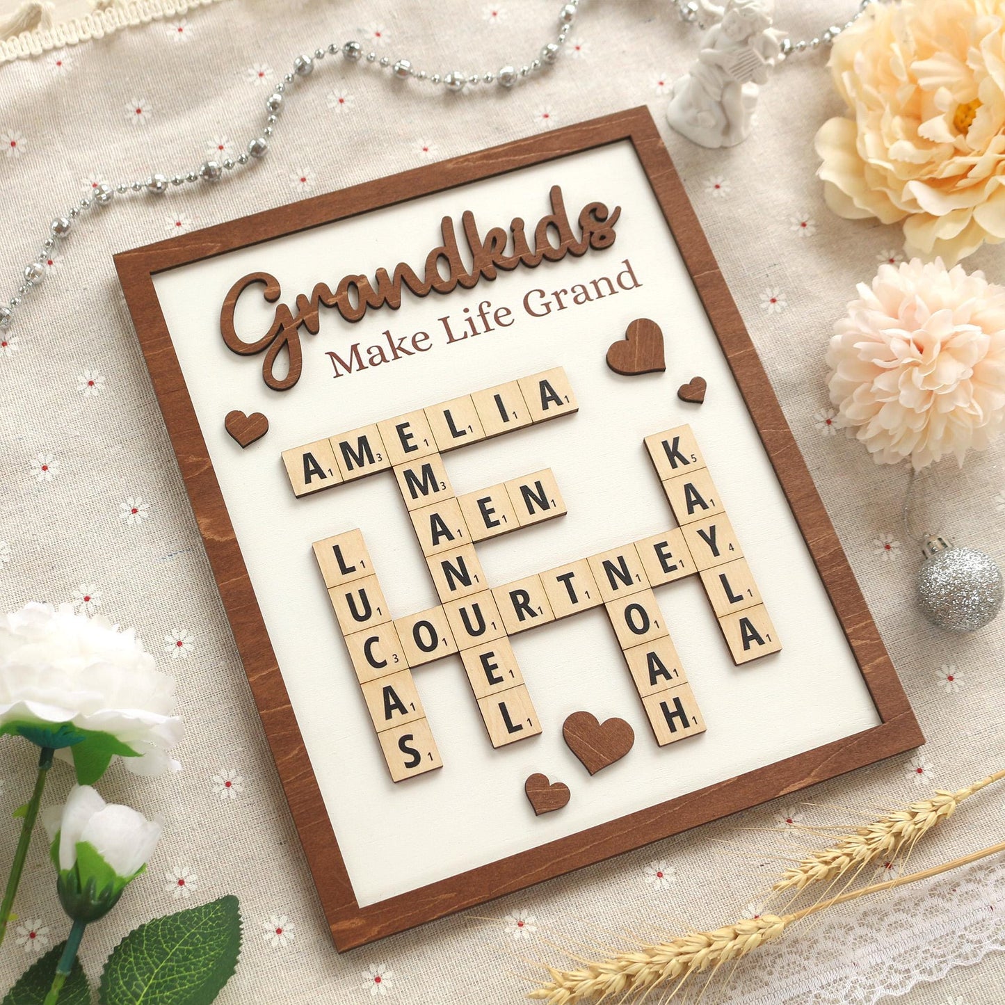 Personalized Scrabble Puzzle Sign, Grandkids Crossword Scrabble Wooden Sign, Custom Family Name, Grandparents Christmas Gift, Home decor