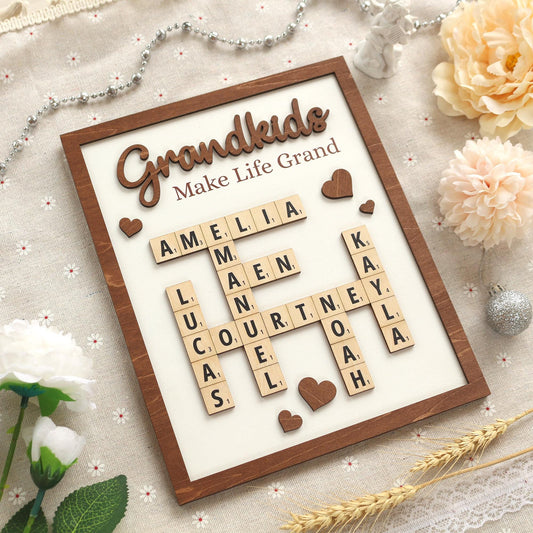 Personalized Scrabble Puzzle Sign, Grandkids Crossword Scrabble Wooden Sign, Custom Family Name, Grandparents Christmas Gift, Home decor