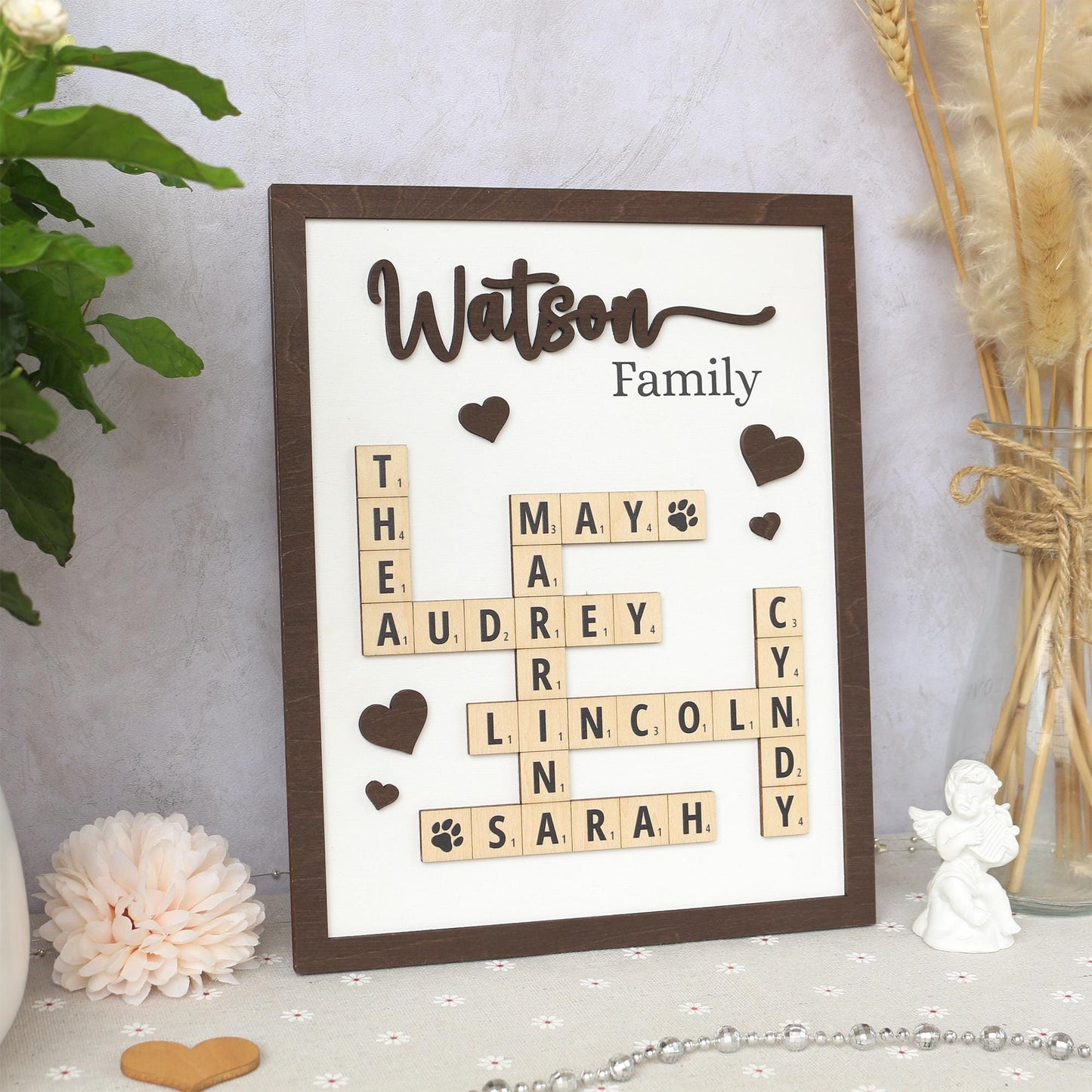 Personalized Scrabble Puzzle Sign, Custom Family Name Sign, Grandkids Crossword Scrabble Wooden Sign, Mothers Day Gift, Home Decor