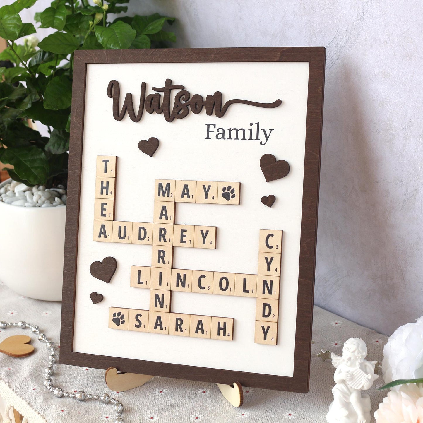 Personalized Scrabble Puzzle Sign, Custom Family Name Sign, Grandkids Crossword Scrabble Wooden Sign, Mothers Day Gift, Home Decor