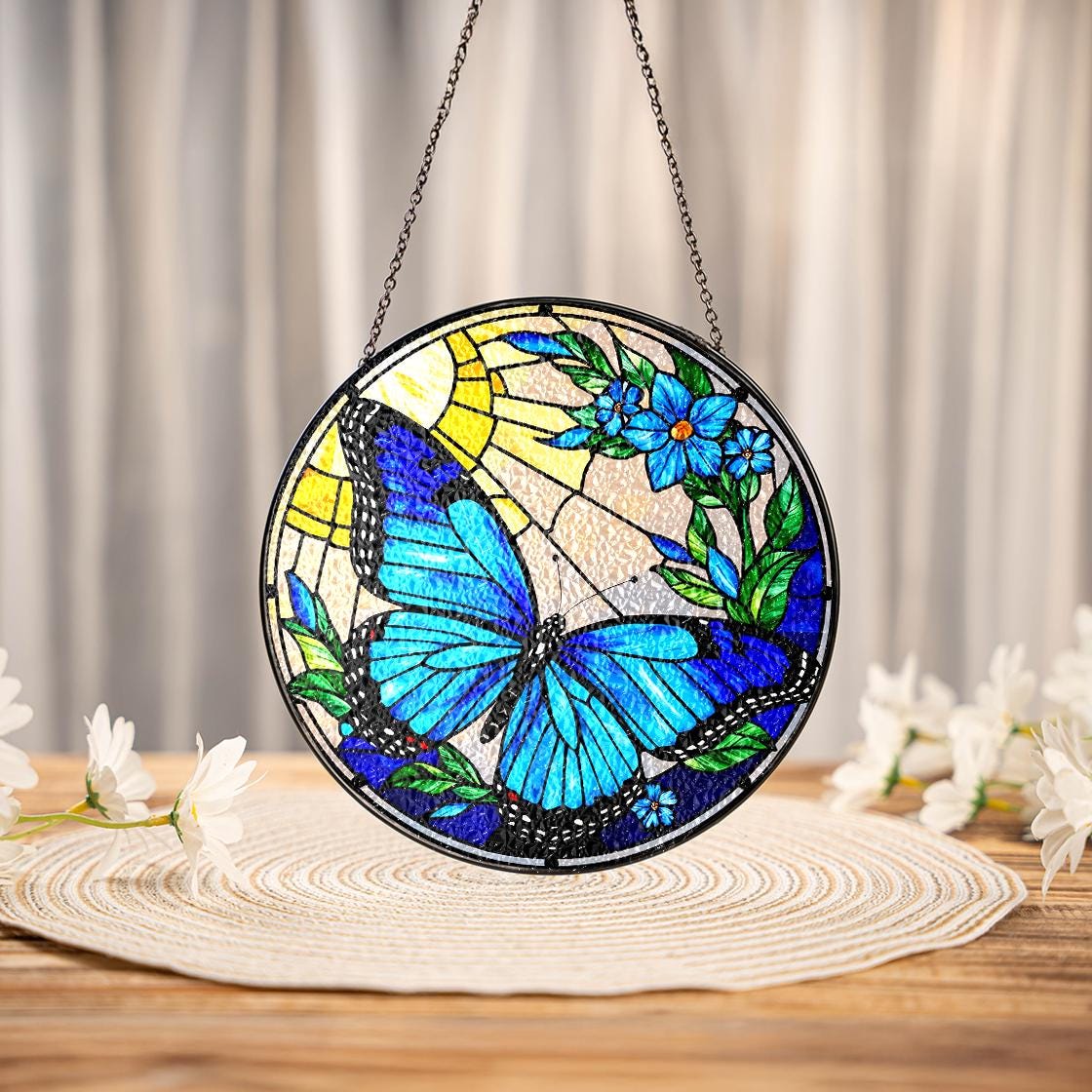 Blue Butterfly Stained Glass Suncatcher Window Hanging,Butterfly Lovers Flower,Insect Suncatcher,Nature Lovers Gift,Mother's Day,Home Decor