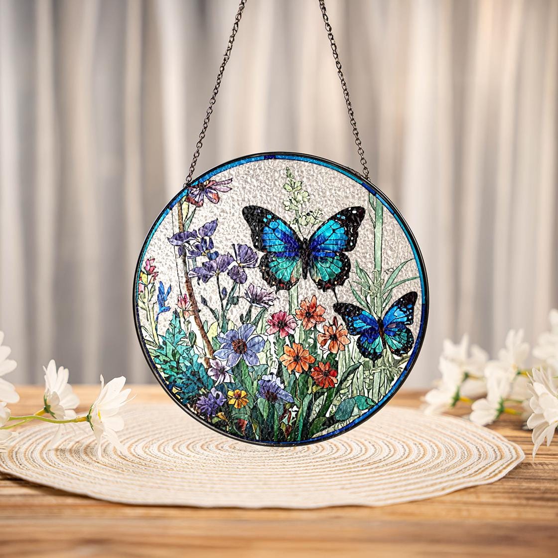 Butterfly Flowers Stained Glass Suncatcher Home Decor,Flowers Stained Glass Window Hanging,Butterfly Decor,Mother's Day,Nature Lover Gift