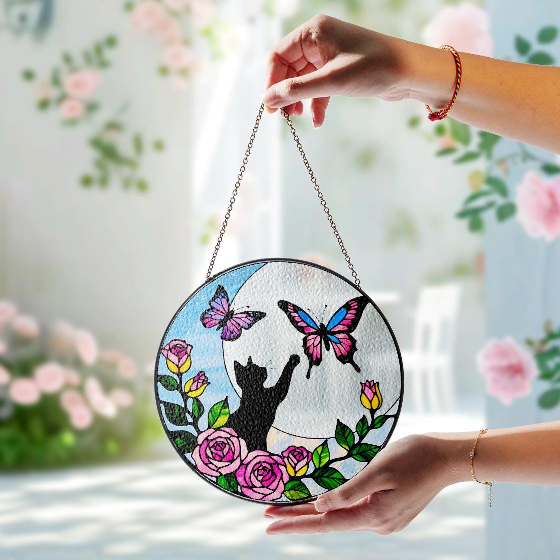 Black Cat Flower Butterfly Suncatcher,Pet Memorial Stained Glass Suncatcher,Loss Of Pet Sympathy,Windows Hangings,Home Decor For Cat Lovers,