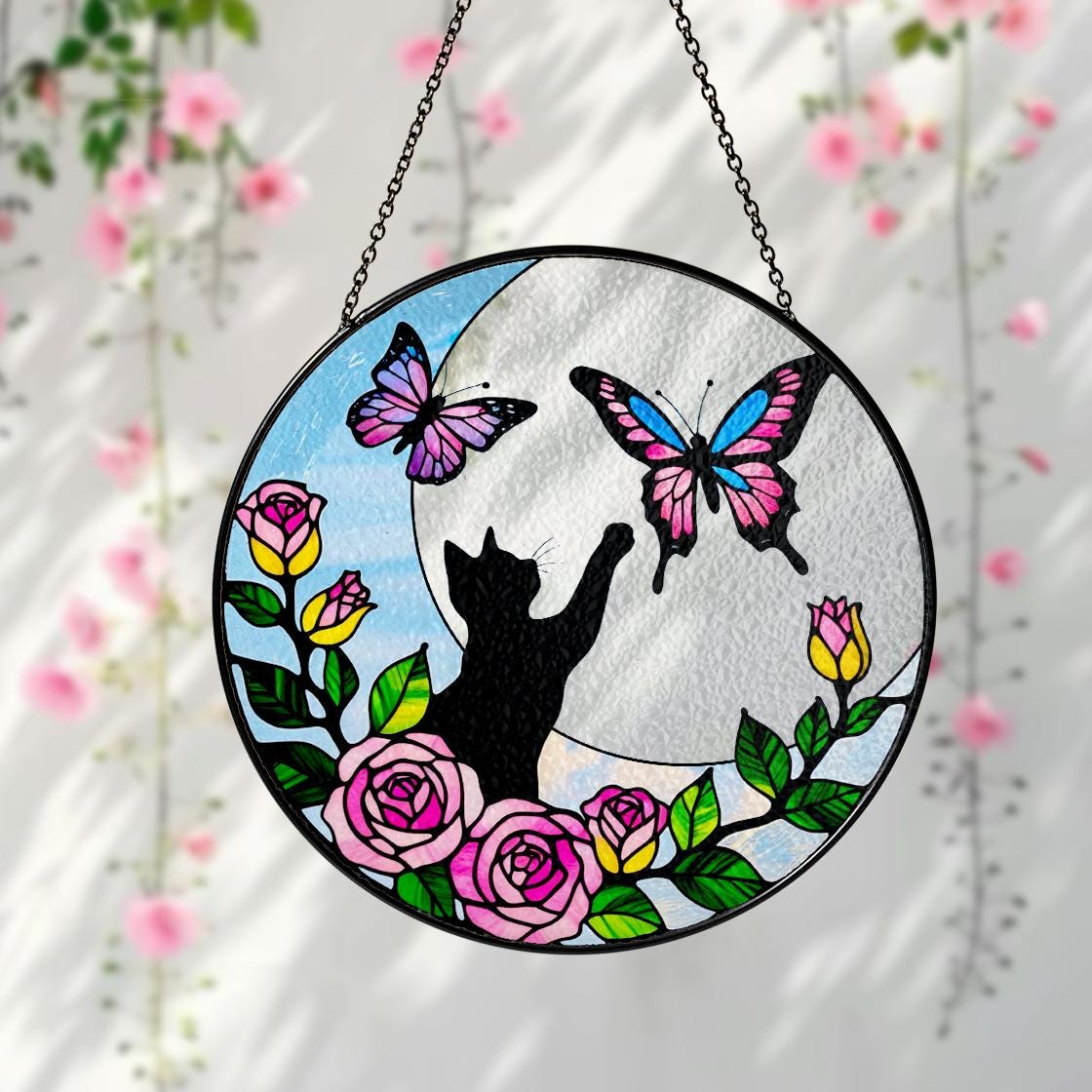 Black Cat Flower Butterfly Suncatcher,Pet Memorial Stained Glass Suncatcher,Loss Of Pet Sympathy,Windows Hangings,Home Decor For Cat Lovers,