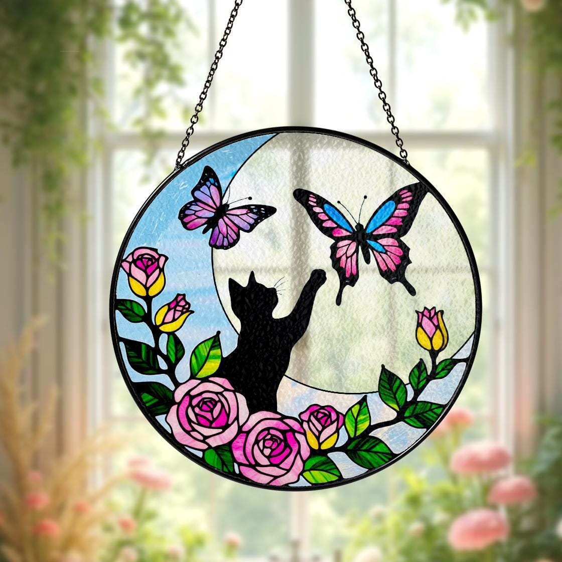 Black Cat Flower Butterfly Suncatcher,Pet Memorial Stained Glass Suncatcher,Loss Of Pet Sympathy,Windows Hangings,Home Decor For Cat Lovers,
