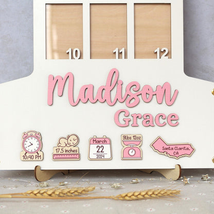 Baby Birth through One Year Monthly Picture Frame Wall Art, Personalized Wooden Photo Frame for Baby, 1st Birthday Decorations, Baby Gift