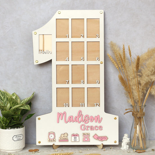 Baby Birth through One Year Monthly Picture Frame Wall Art, Personalized Wooden Photo Frame for Baby, 1st Birthday Decorations, Baby Gift