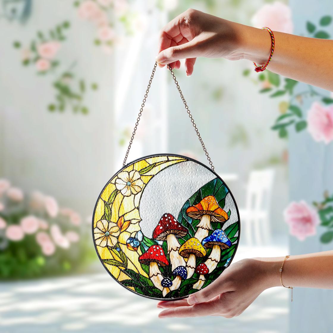 Mushroom Stained Glass Suncatcher Decor Home,Mushroom WallArt,Nature Art Window Hanging,Mother Day Gift,Gift For Grandma Mom Mushroom Lover