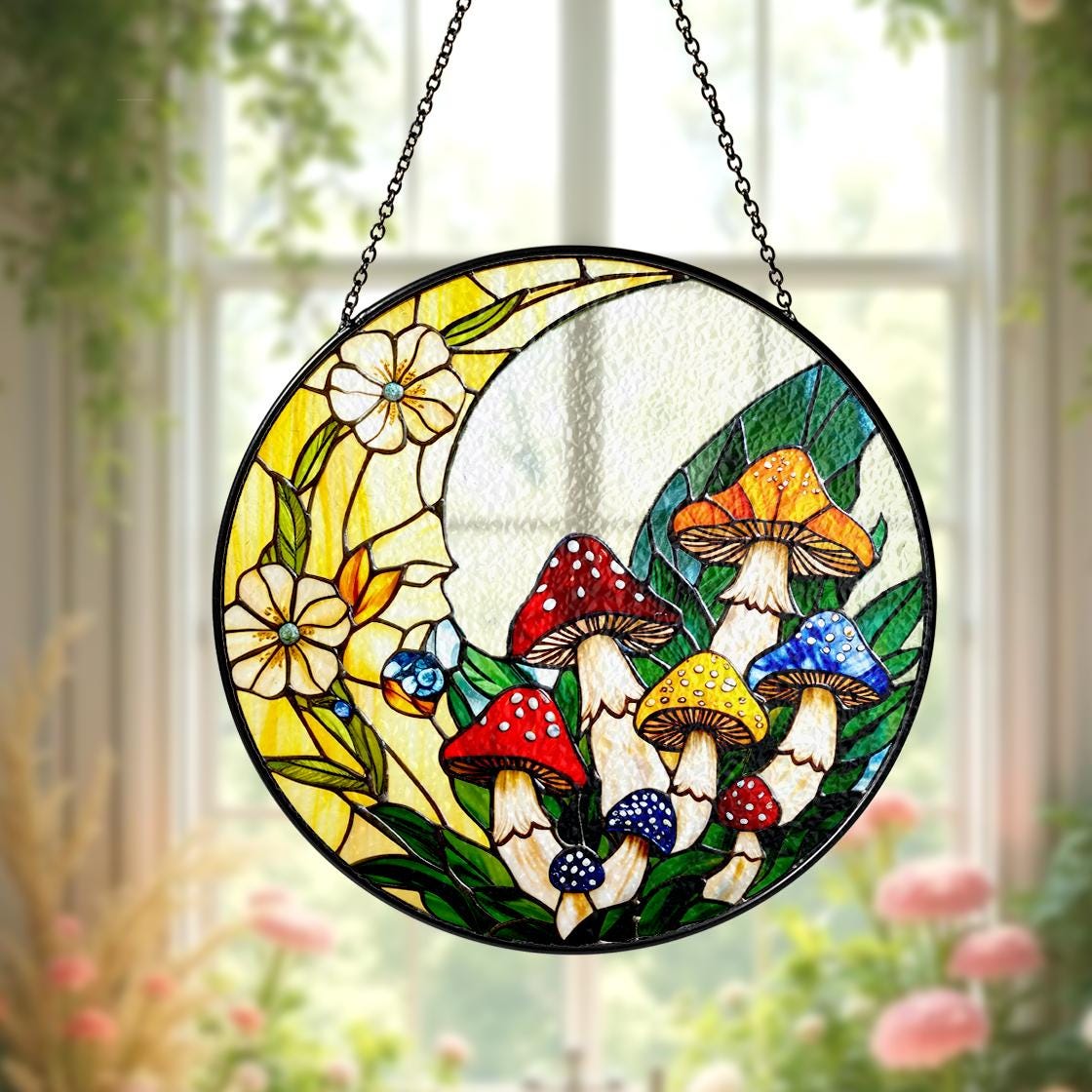 Mushroom Stained Glass Suncatcher Decor Home,Mushroom WallArt,Nature Art Window Hanging,Mother Day Gift,Gift For Grandma Mom Mushroom Lover
