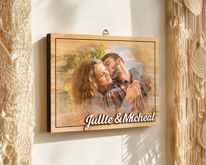 Custom Photo Frame,Photo on Wood with Watercolor Style,Couple Picture Frame Anniversary Wedding,Portrait from Photo,Long Distance Gift