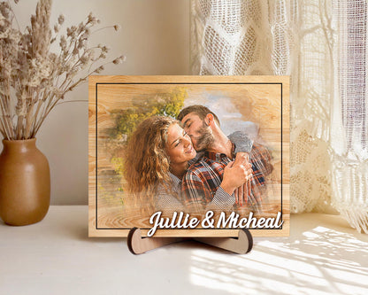 Custom Photo Frame,Photo on Wood with Watercolor Style,Couple Picture Frame Anniversary Wedding,Portrait from Photo,Long Distance Gift