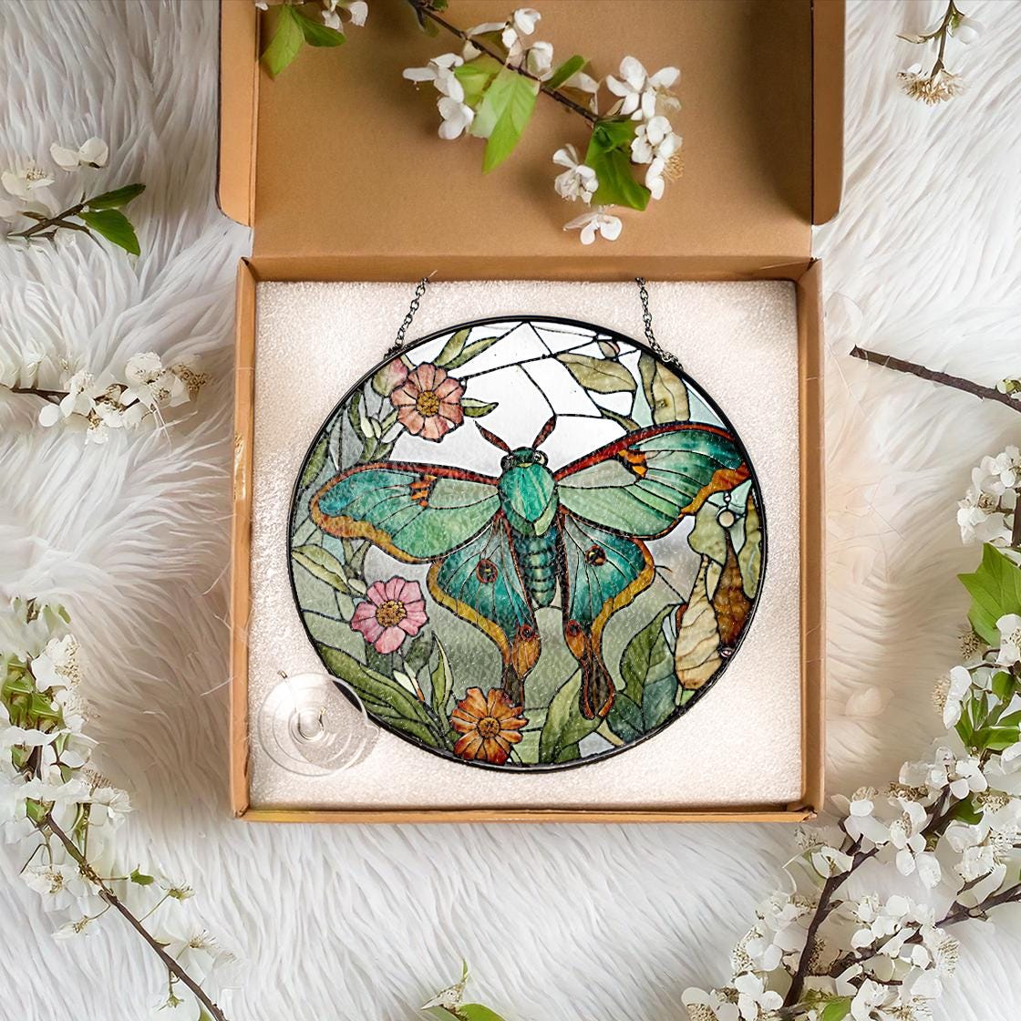 Luna Moth Butterfly Stained Glass Suncatcher,Butterfly Handmade Window Hanging,Nature Inspired Home Decor,Mother Day Gift,Modern Home Decor