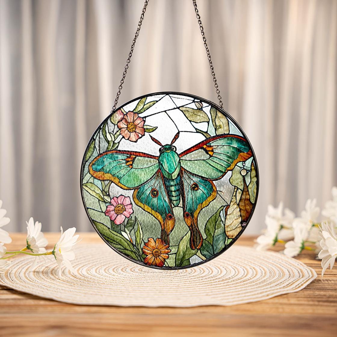 Luna Moth Butterfly Stained Glass Suncatcher,Butterfly Handmade Window Hanging,Nature Inspired Home Decor,Mother Day Gift,Modern Home Decor