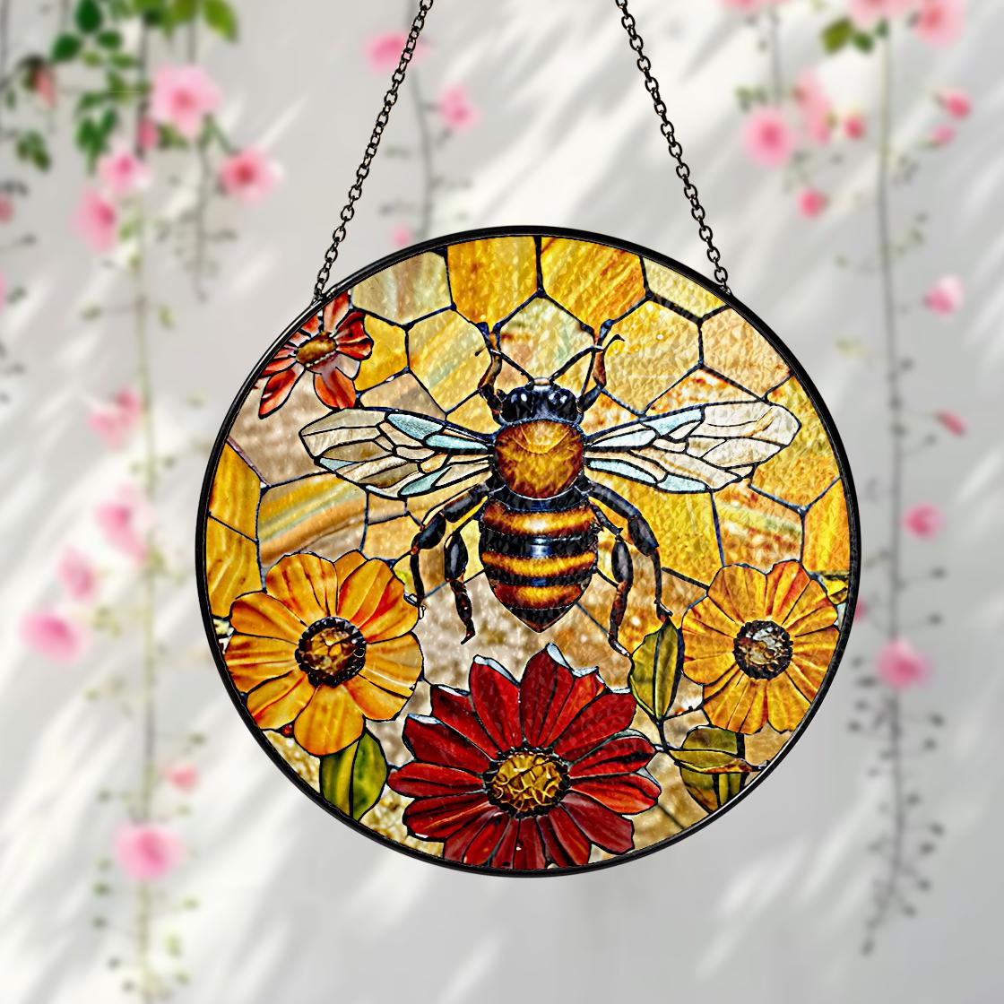 Honey Bee Sunflower Stained Glass Suncatcher Window Hanging,Honeybee Gift For Garden Lovers,Bee Stained Glass Suncatcher,Grandma Nana Gift