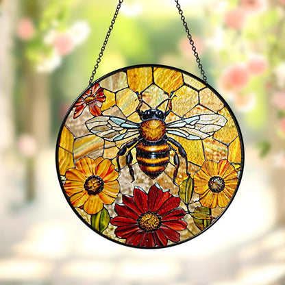 Honey Bee Sunflower Stained Glass Suncatcher Window Hanging,Honeybee Gift For Garden Lovers,Bee Stained Glass Suncatcher,Grandma Nana Gift