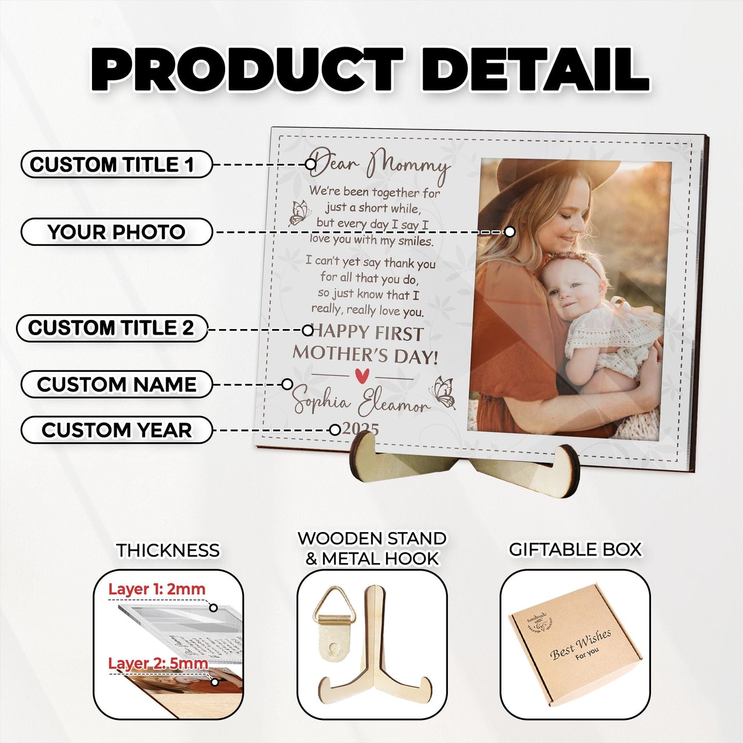 Custom First Mother's Day Picture Frame,Photo Gift for Mom,1st Mothers Day Gift from Baby,Dear Mommy Poem,Mother's Day 2025 Gift New Mommy