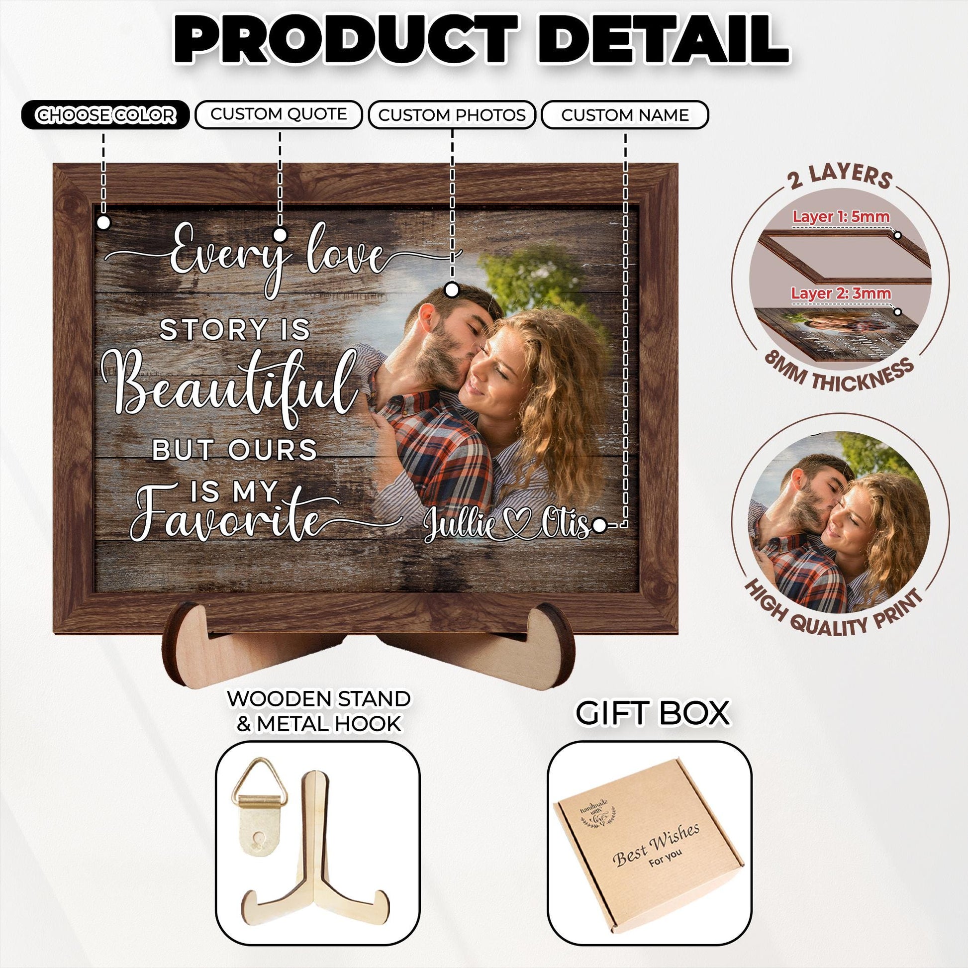 Custom Wood Photo Frame,Couple Picture Frame,Engagement Gift,Anniversary,Wedding Gift for Couple, Rustic Decor,Photo on Wood,Gift Her Him