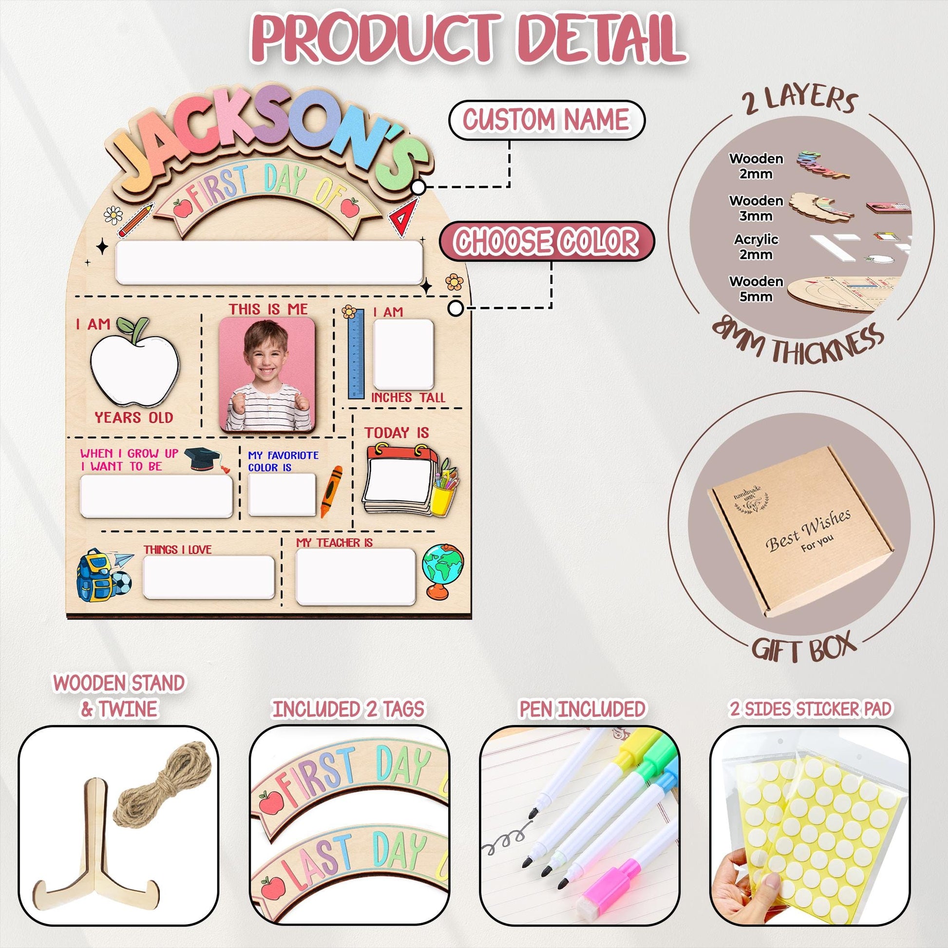 Custom First And Last Day School Sign,First Day Of School Board,Preschool Back To School Photo Prop,Gift for Student,Son,Daughter,Kids Gift