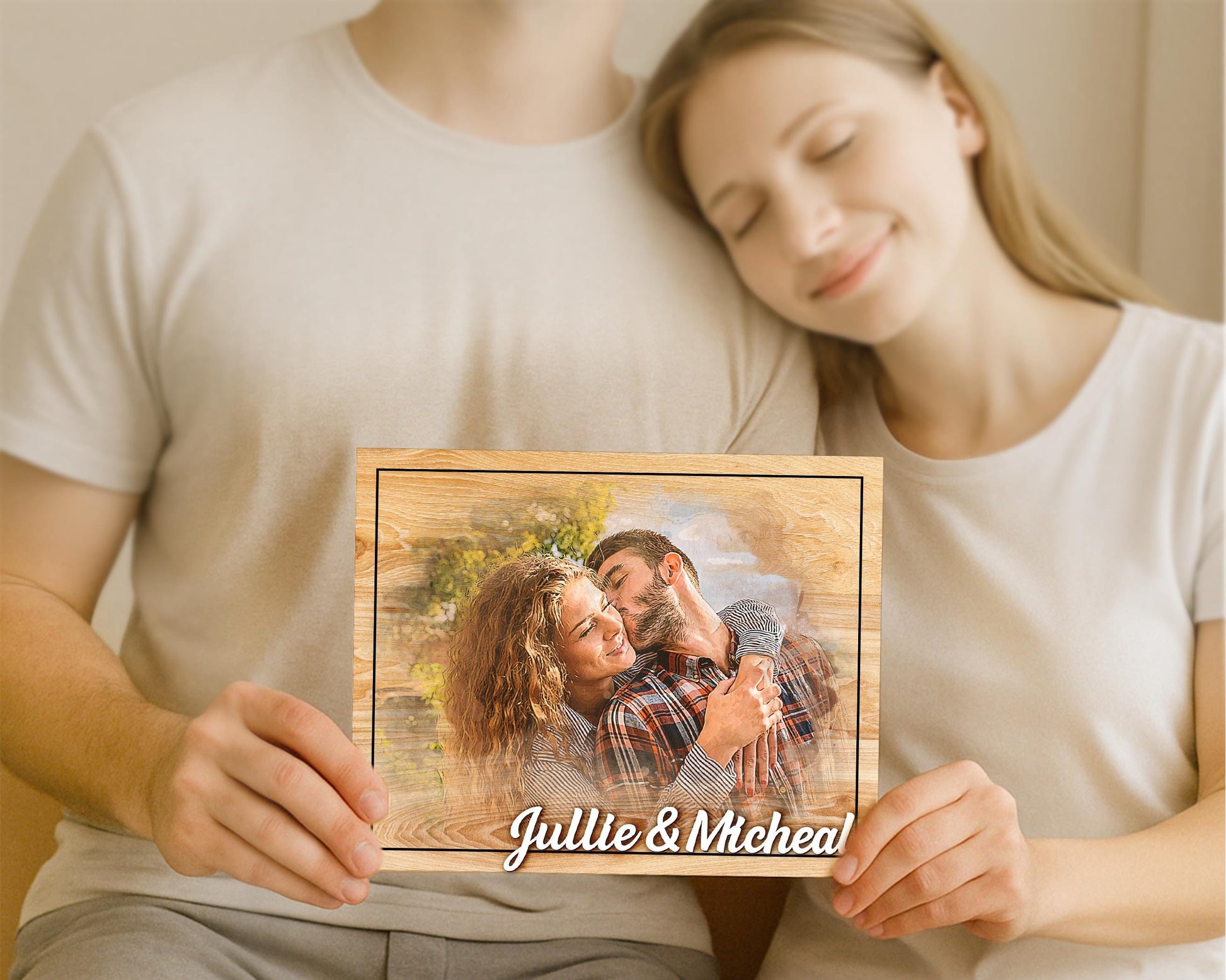 Custom Photo Frame,Photo on Wood with Watercolor Style,Couple Picture Frame Anniversary Wedding,Portrait from Photo,Long Distance Gift