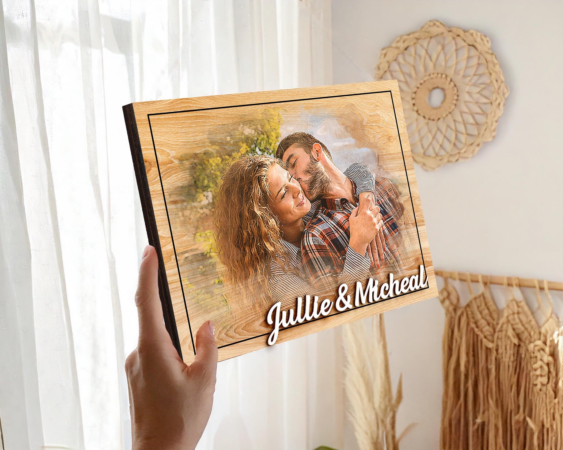 Custom Photo Frame,Photo on Wood with Watercolor Style,Couple Picture Frame Anniversary Wedding,Portrait from Photo,Long Distance Gift