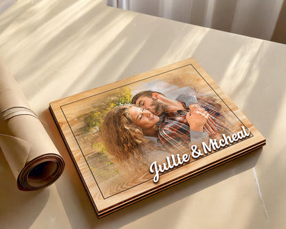 Custom Photo Frame,Photo on Wood with Watercolor Style,Couple Picture Frame Anniversary Wedding,Portrait from Photo,Long Distance Gift