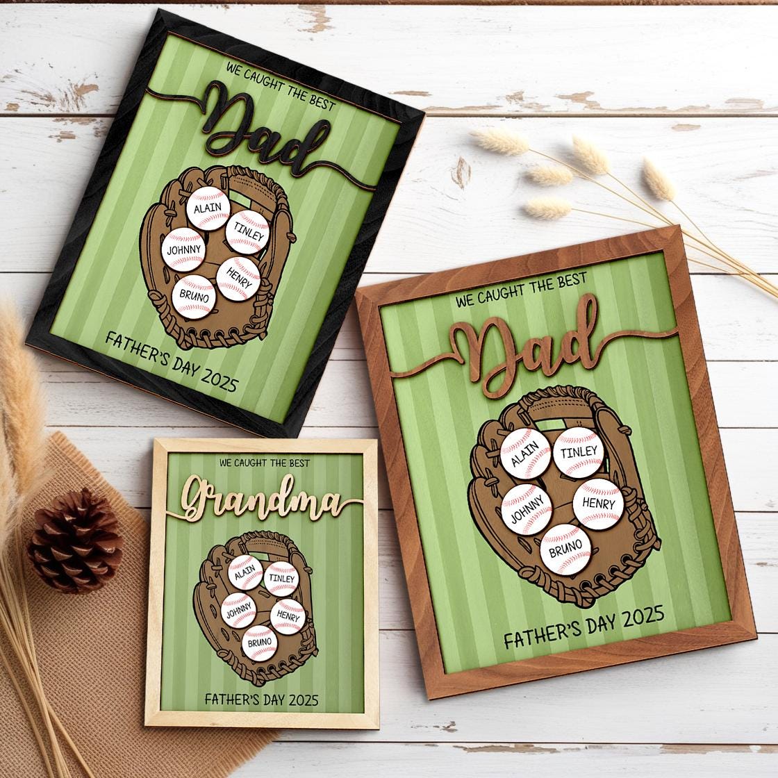 Personalized We Caught Best Dad Ever Frame,Father's Day Gift,Kid's Name Baseball Sign,Gifts for Dad,Dad and Kids Framed Sign,Grandpa Gift