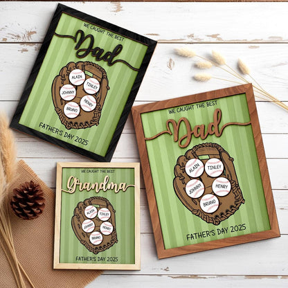 Personalized We Caught Best Dad Ever Frame,Father's Day Gift,Kid's Name Baseball Sign,Gifts for Dad,Dad and Kids Framed Sign,Grandpa Gift