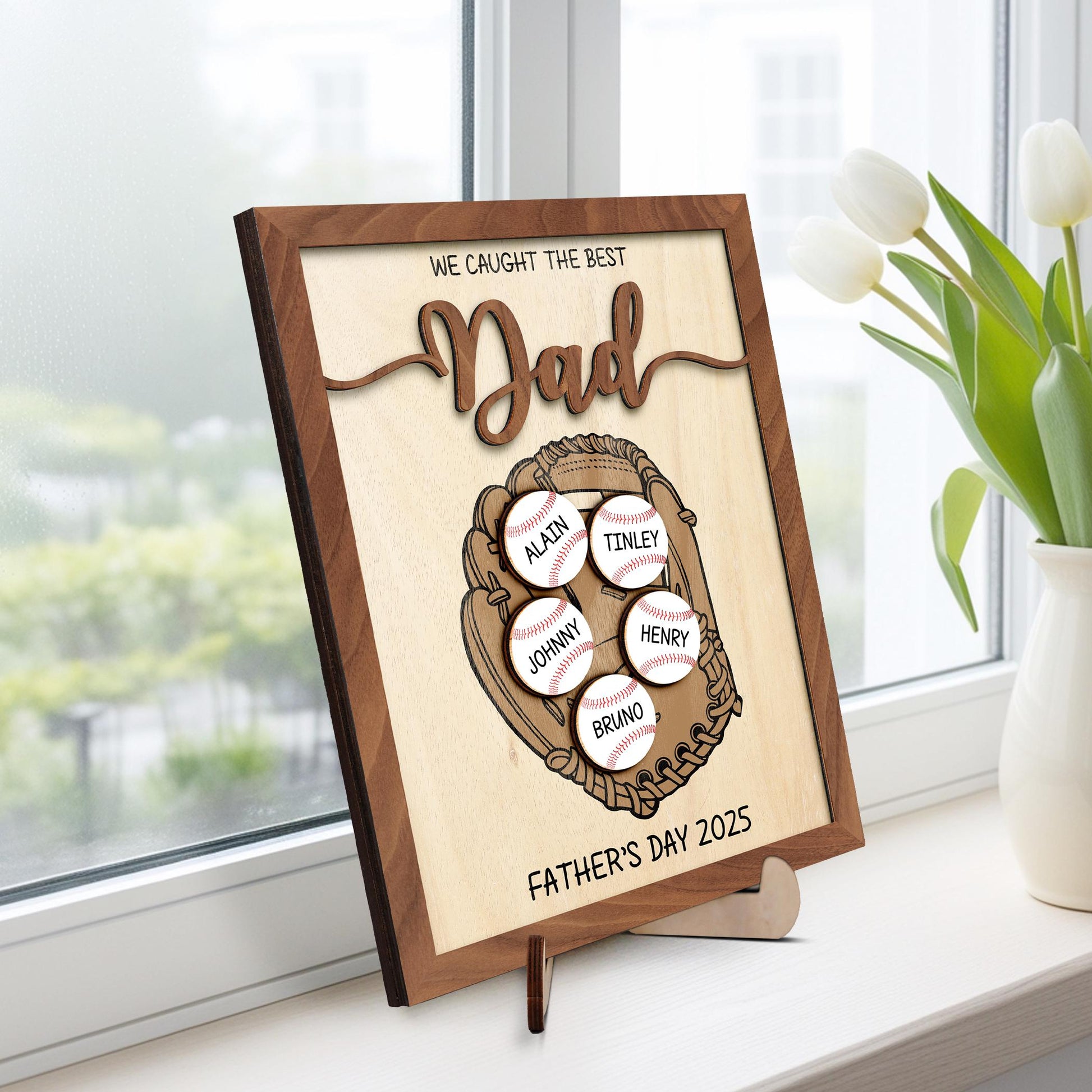 Personalized We Caught Best Dad Ever Frame,Father's Day Gift,Kid's Name Baseball Sign,Gifts for Dad,Dad and Kids Framed Sign,Grandpa Gift