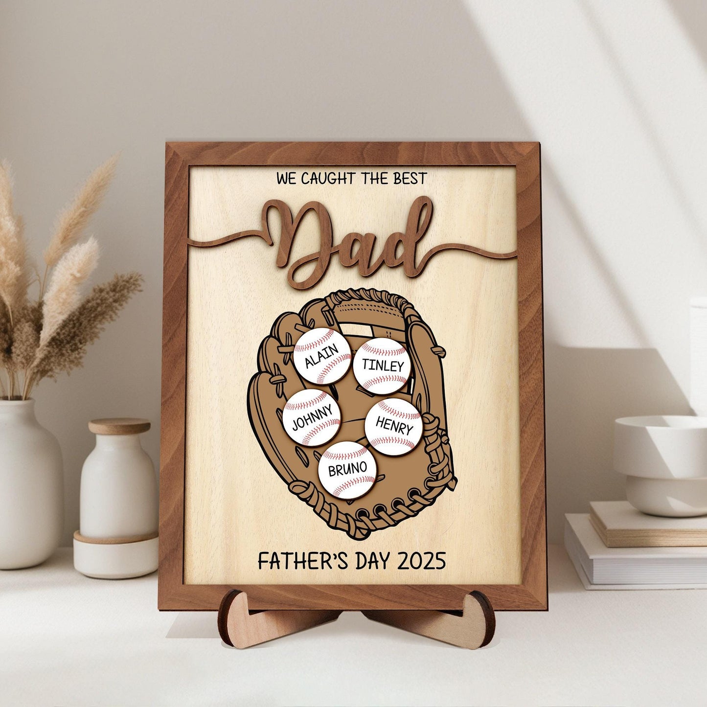 Personalized We Caught Best Dad Ever Frame,Father's Day Gift,Kid's Name Baseball Sign,Gifts for Dad,Dad and Kids Framed Sign,Grandpa Gift